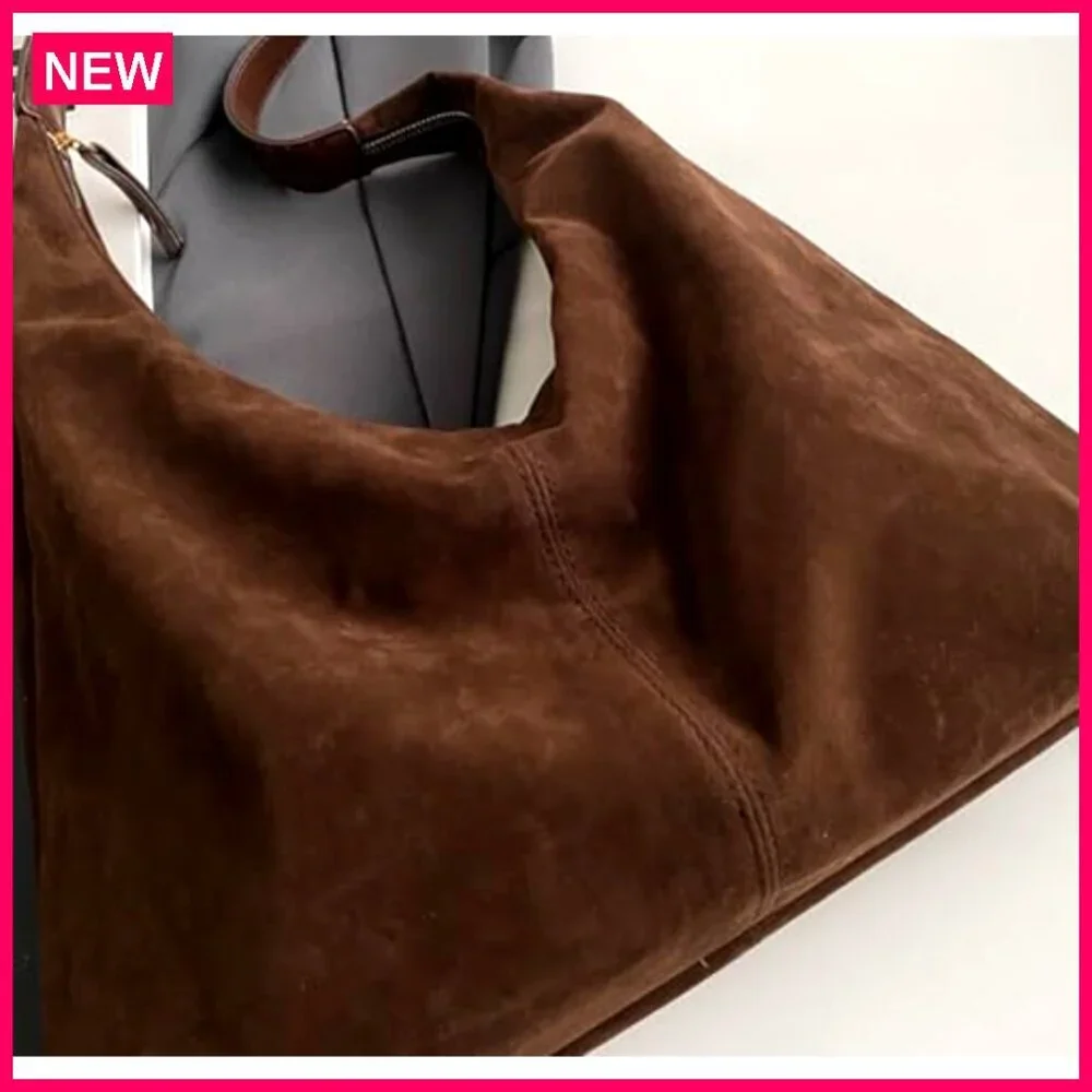 Large Faux Suede Shoulder Tote Bag, Zipper Closure, Lightweight Travel Work - Picture 7 of 8